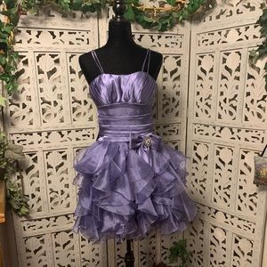B’ DARLIN BEAUTIFUL LAVENDER PURPLE SATIN & RUFFLES STRAPLESS FORMAL MINI DRESS